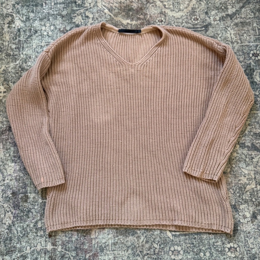 Jenni Kayne Organic Cotton V-Neck Shaker Knit Sweater Cedar Brown M 495-7358-C21
